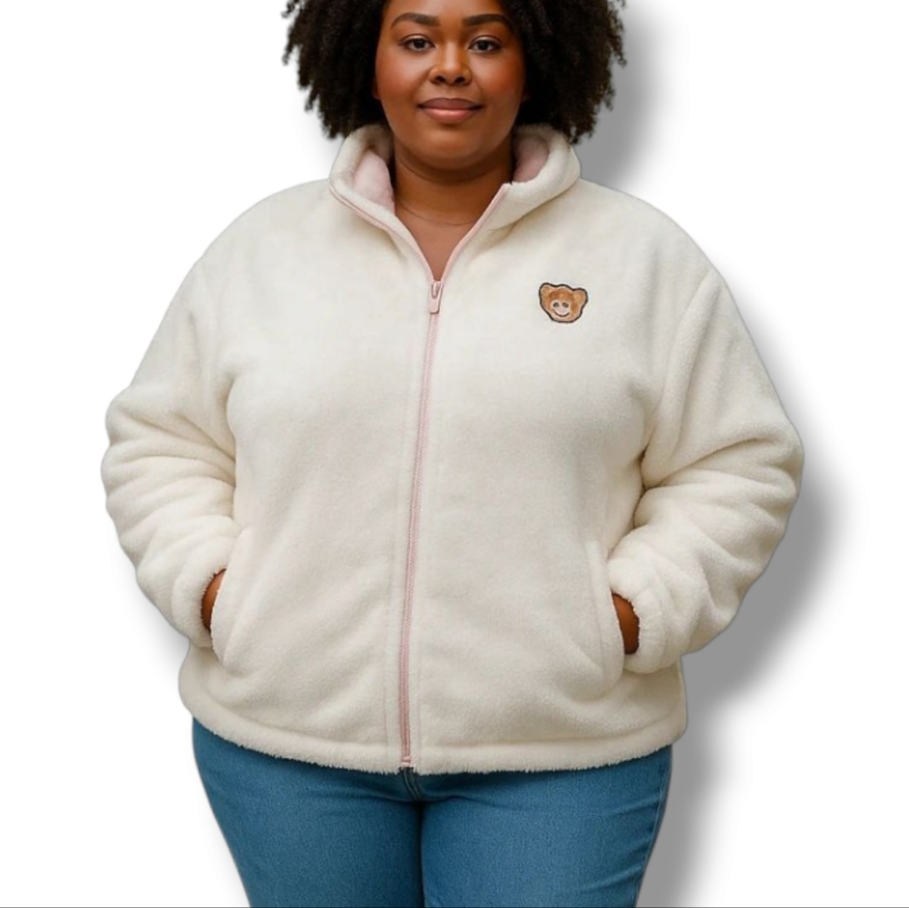 New REVERSIBLE Womans Cozy Sherpa Zip Front Jacket In Pink/White Combo Size XXL
